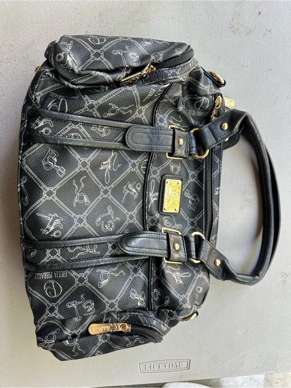 Giulia Pieralli Monogram Satchel Handbag Black Gold Crossbody Strap